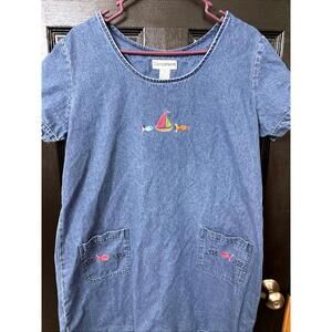 VTG Women Sz L Dress Blue Denim Embroidered Fish Sailboat Novelty Beach